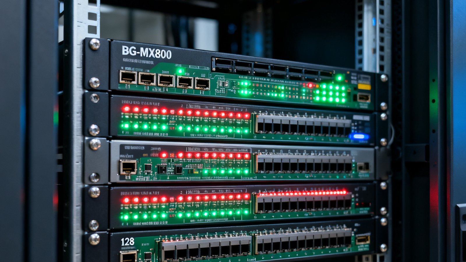 BG-MX8000分布式视讯矩阵机柜内部视图，多层板卡插槽设计，支持128路信号输入输出调度，LED指示灯密集排列显示运行状态。