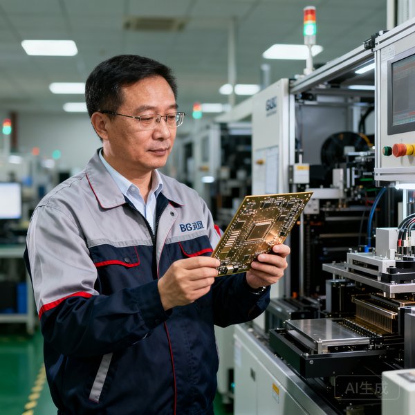 BG视讯研发总监周建华在产线检查设备，45岁，穿着工程师工装，手持一块电路板。